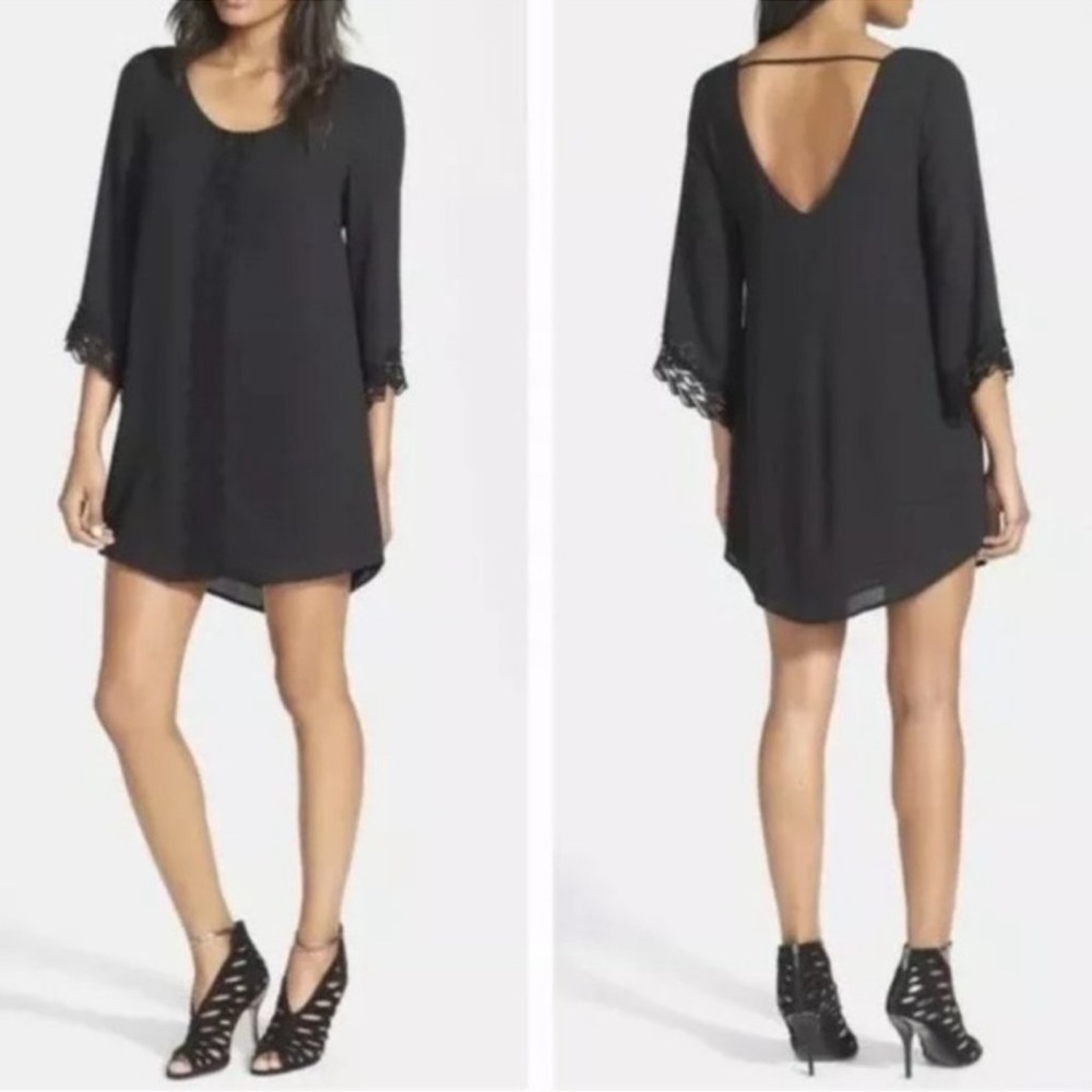 ASTR the Label Black Slip Shift Mini Dress Solid Lace Sleeves